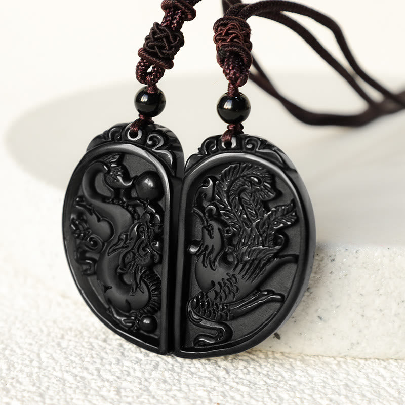 Buddha Stones Black Obsidian Love Dragon Phoenix Protection Necklace Pendant - image 4