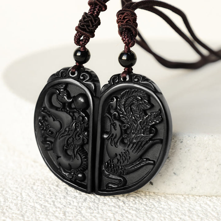 Buddha Stones Black Obsidian Love Dragon Phoenix Protection Necklace Pendant - image 4