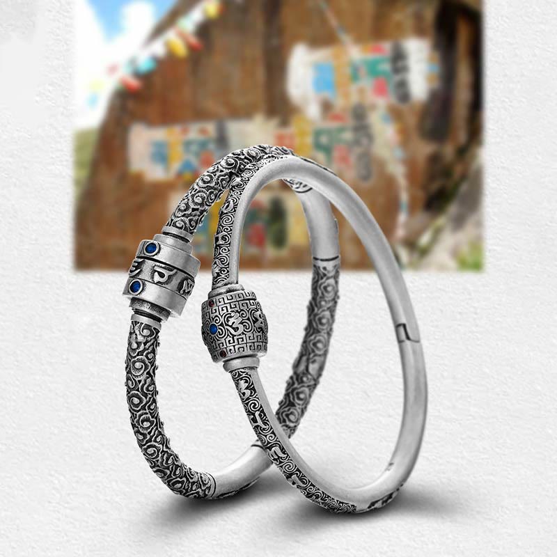 Buddha Stones 990 Sterling Silver Tibetan Auspicious Clouds Om Mani Padme Hum Engraved Creativity Bracelet Bangle - image 12