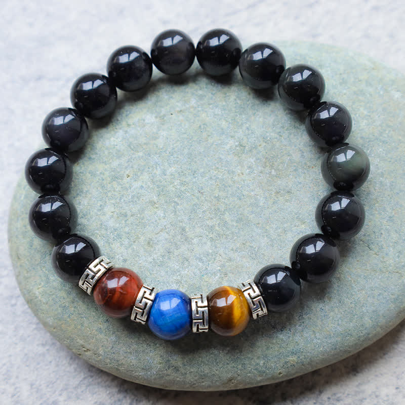 Buddha Stones Natural Black Obsidian Tricolor Tiger Eye Strength Bracelet - image 6