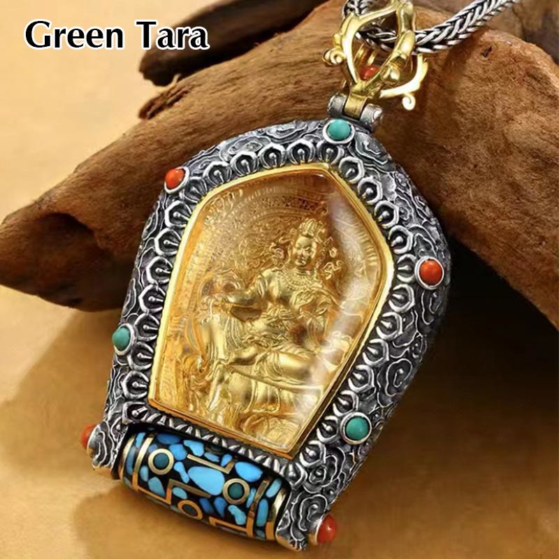 Tibet Chinese Zodiac Natal Buddha Thangka Prosperity Rotatable Dzi Bead Necklace Pendant - Green Tara - image 15