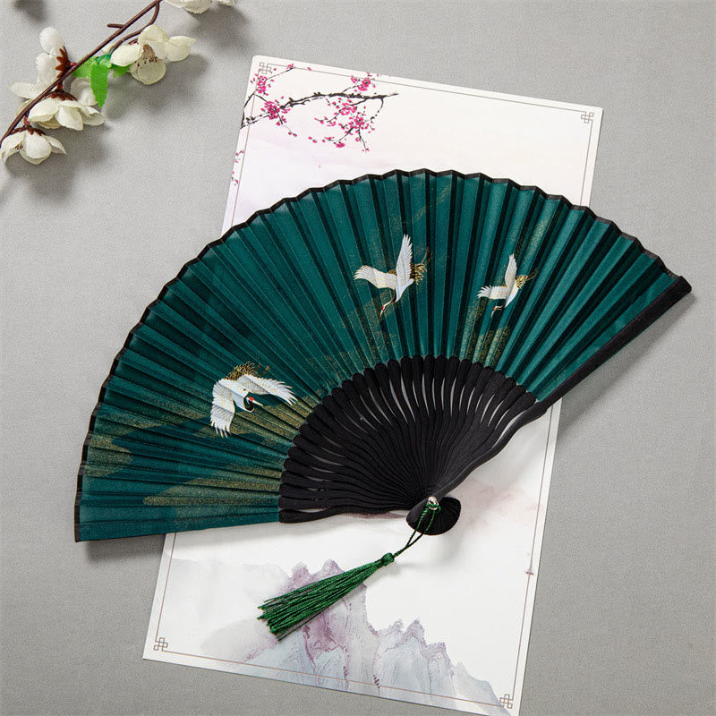 Buddha Stones Flying White Crane Sun Cloud Handheld Silk Bamboo Folding Fan 22cm