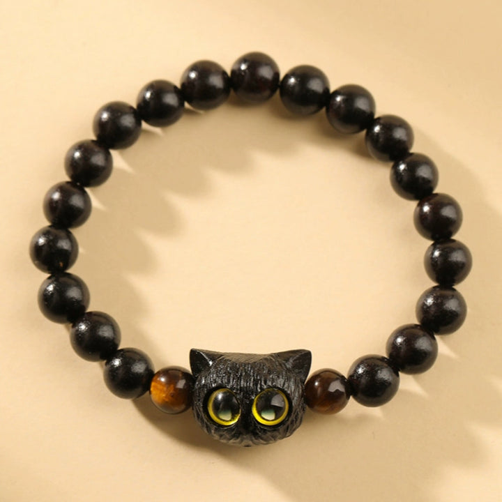 Buddha Stones Cute Ebony Wood Cat Head Pattern Peace Bracelet