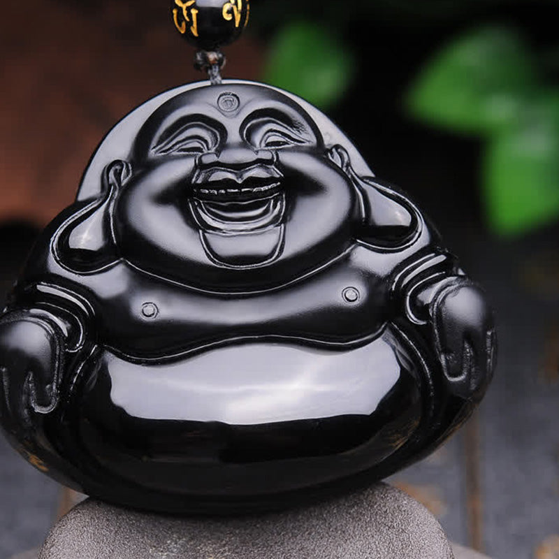 Buddha Stones Laughing Buddha Black Obsidian Transformation Pendant Necklace - Black Obsidian - image 1