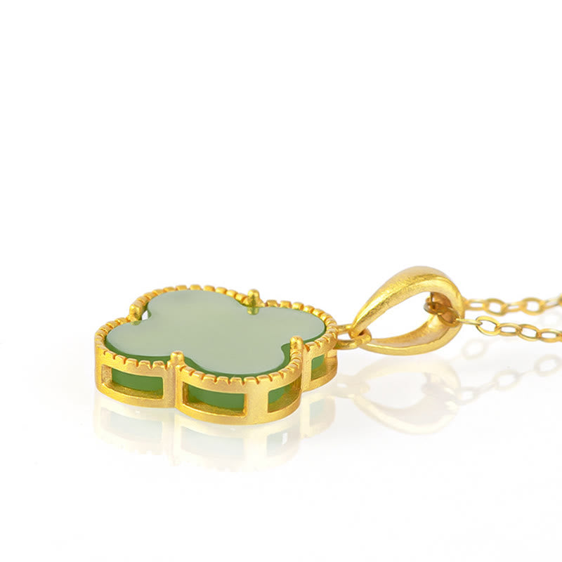 Buddha Stones 925 Sterling Silver Natural Hetian Jade Luck Four Leaf Clover Necklace Pendant - image 3