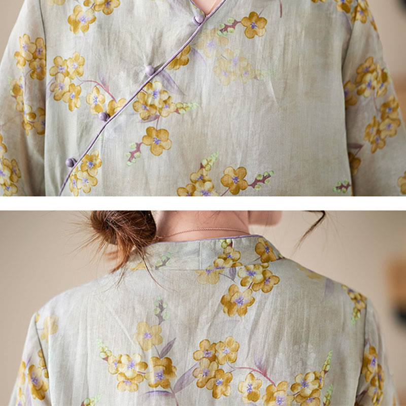 Buddha Stones Yellow Flowers Print Cheongsam Midi Dress Cotton Linen Half Sleeve Dress With Pockets