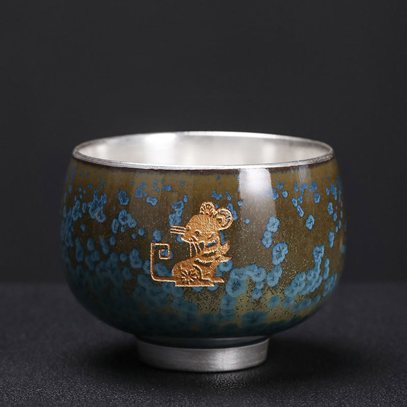 Buddha Stones 999 Gilt Silver Gilt Chinese Zodiac Ceramic Teacup Kung Fu Tea Cup 160ml