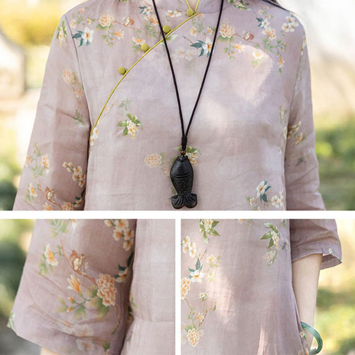 Buddha Stones Yellow Beige Flowers Print Cheongsam Midi Dress Cotton Linen Half Sleeve Dress With Pockets