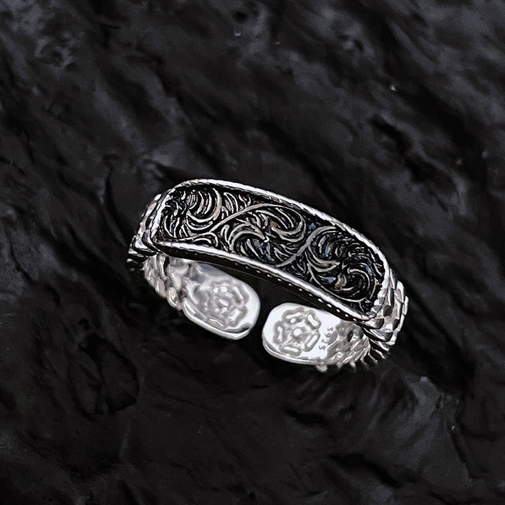Tang Dynasty Flower Design Engraved Copper Luck Cuff Bracelet Bangle Adjustable Ring - Silver Tang Dynasty Flower Design - Ring - image 8