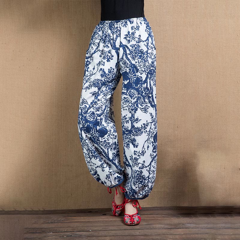 Buddha Stones Blue Tree Flowers Print Harem Pants With Pockets