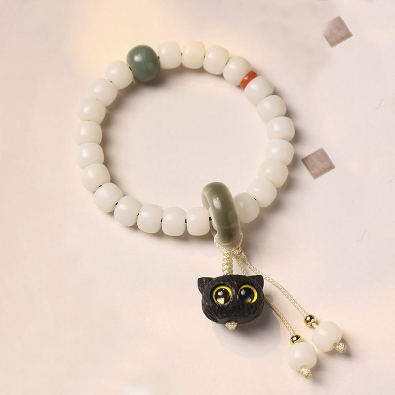 Buddha Stones Natural Bodhi Seed African Blackwood Lovely Cat Charm Peace Harmony Bracelet - Yellow Eyes Cat Bodhi Seed - image 1