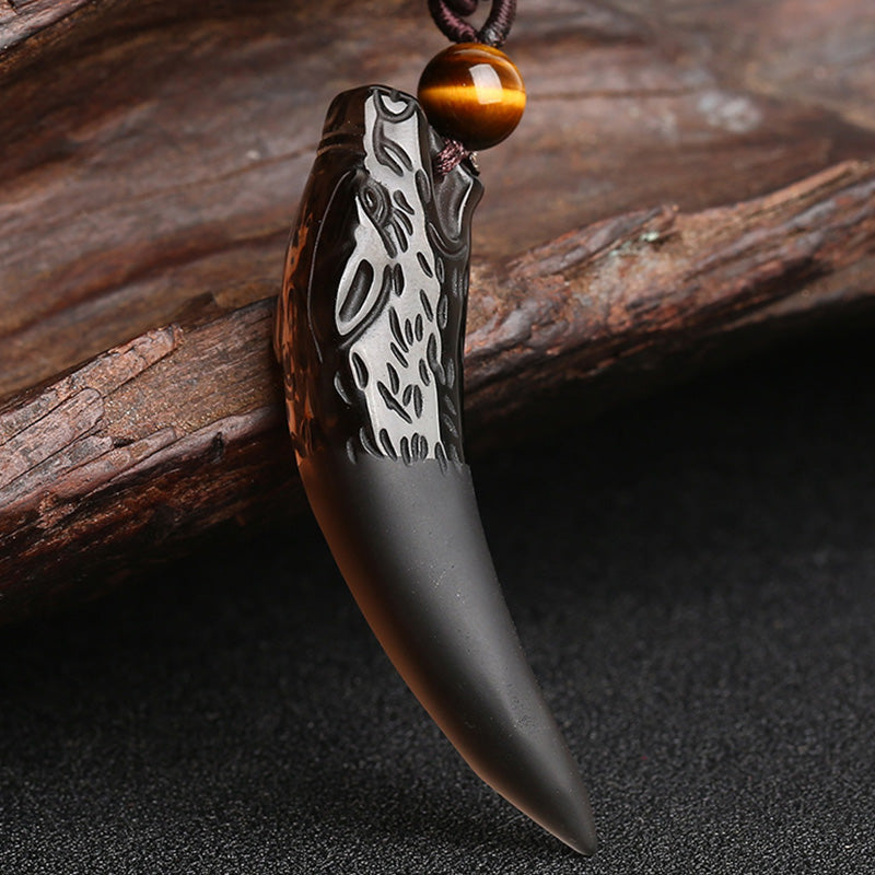 Buddha Stones Natural Ice Obsidian Wolf Tooth Pattern Courage Necklace Pendant - image 6