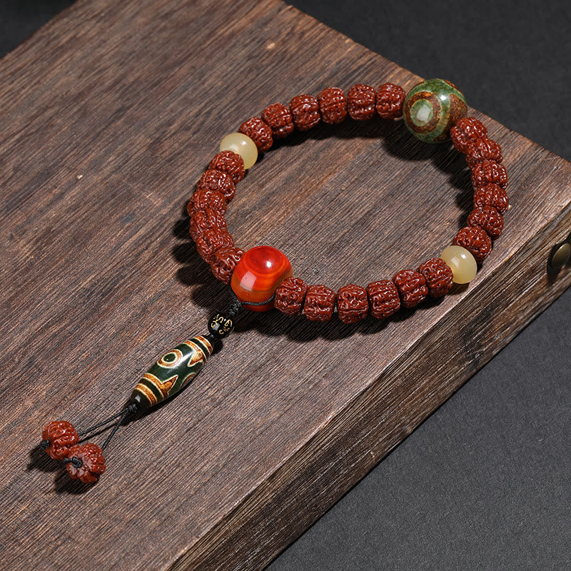 Buddha Stones Tibet Rudraksha Bodhi Seed Dzi Bead Lucky Cat Dancing Lion Wealth Bracelet Wrist Mala