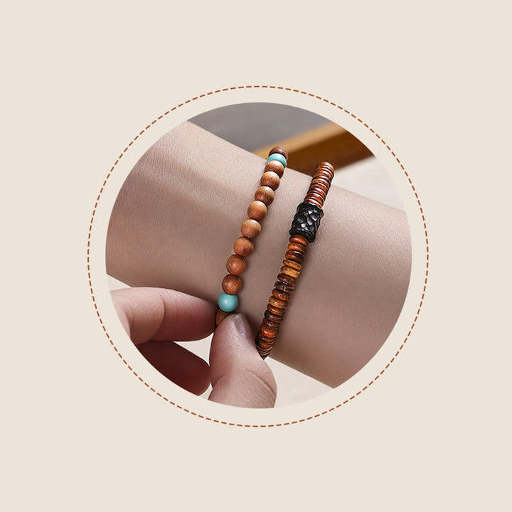 Buddha Stones Sandalwood Small Leaf Red Sandalwood Turquoise Protection Double Wrap Bracelet