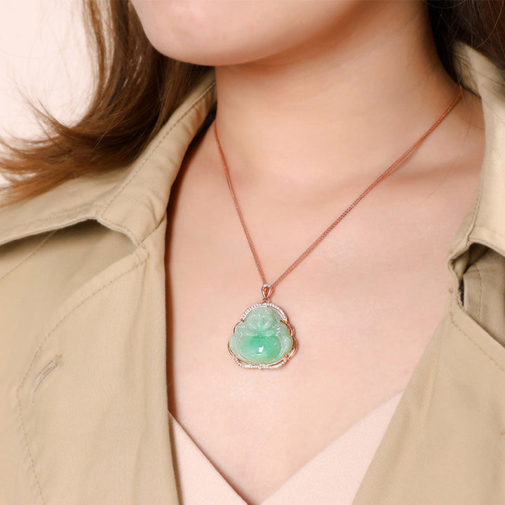 925 Sterling Silver Laughing Buddha Natural Jade Prosperity Necklace Chain Pendant - image 5