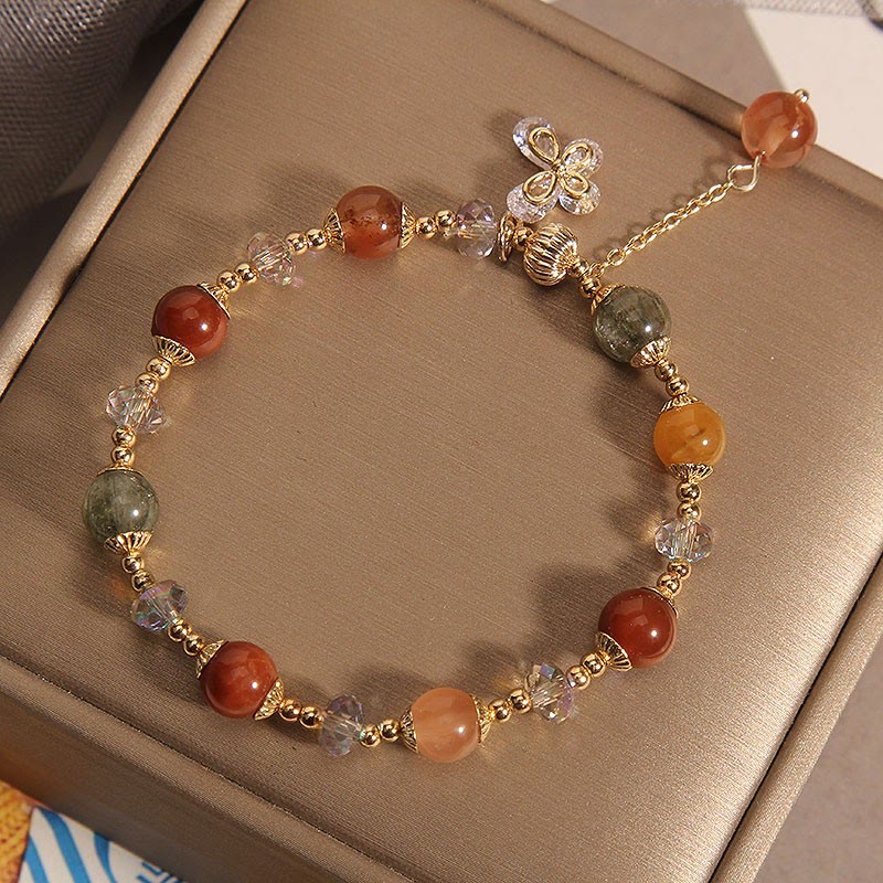 Buddha Stones Natural Fu Lu Shou Rainbow Crystal Rutilated Quartz Wealth Butterfly Charm Bracelet