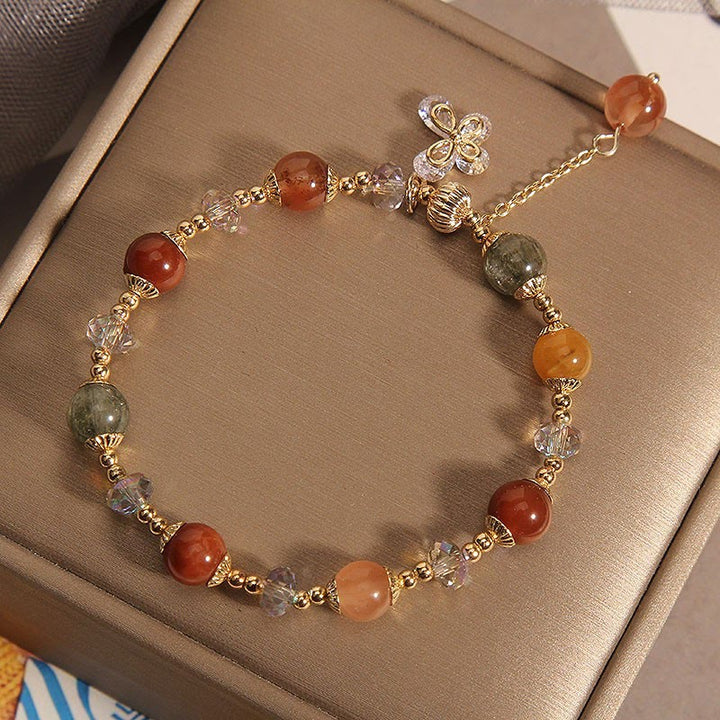 Buddha Stones Natural Fu Lu Shou Rainbow Crystal Rutilated Quartz Wealth Butterfly Charm Bracelet