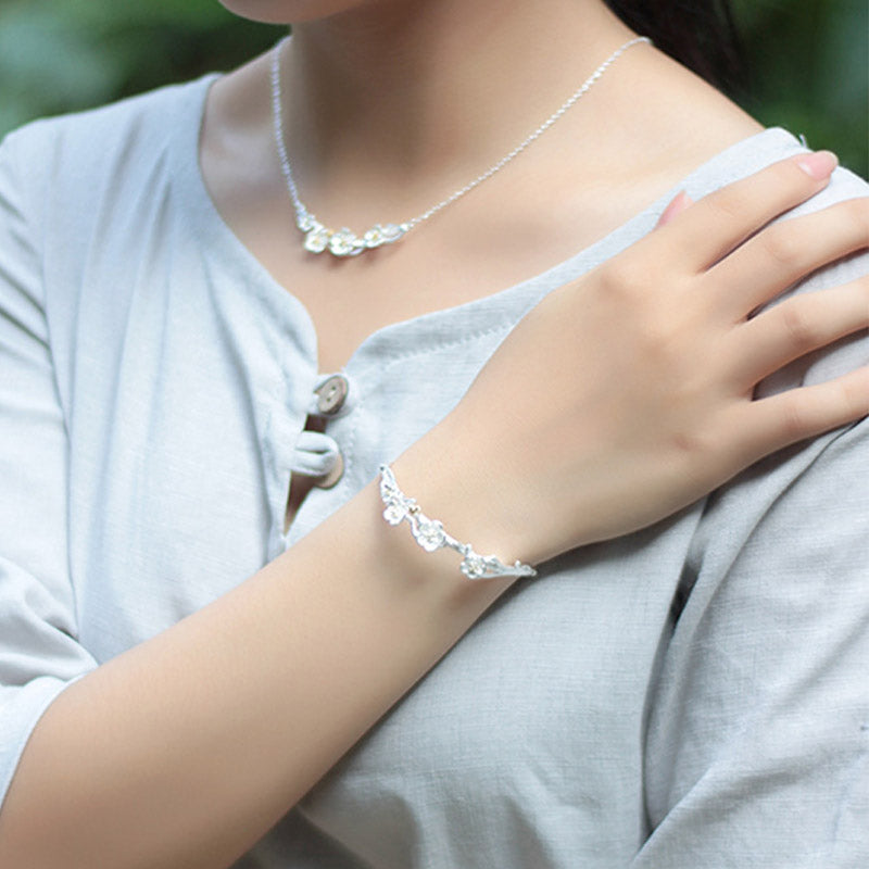 925 Sterling Silver Plum Flower Blessing Bracelet Adjustable Bangle - image 10