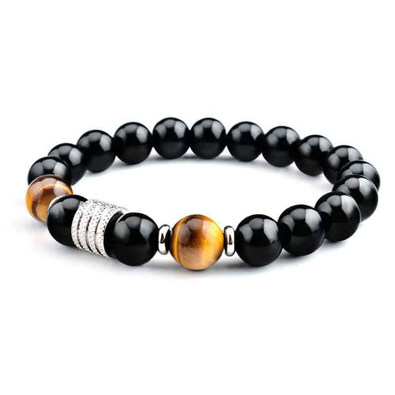 Buddha Stones Natural Black Obsidian Tiger Eye Strength Fulfillment Bracelet - Black Obsidian&Tiger Eye - Elastic String - image 0
