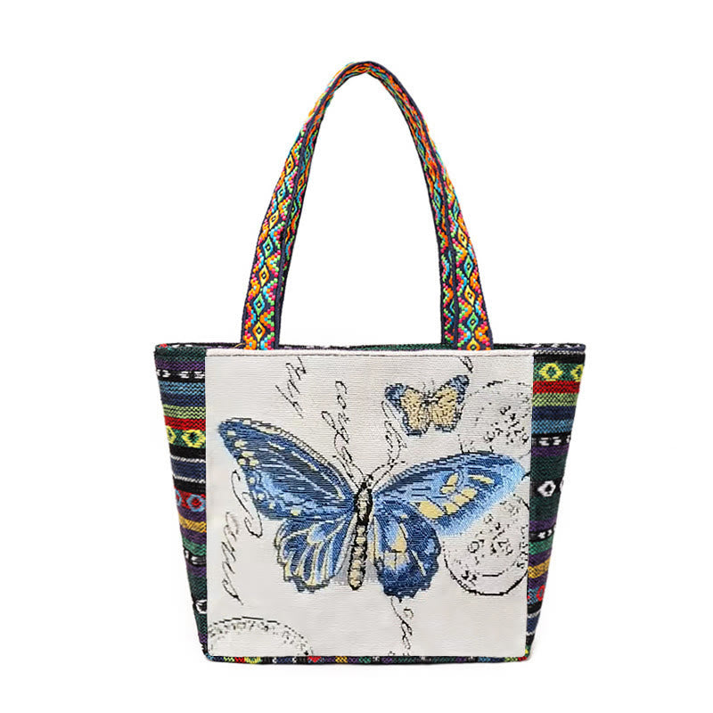 Elephant Butterfly Embroidered Large Capacity Canvas Tote Bag Shoulder Bag - Blue Butterfly - image 19