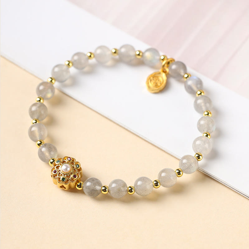 Buddha Stones 14K Gold Plated Natural Strawberry Quartz Labradorite Sun Stone Fu Character Positive Charm Bracelet - image 6