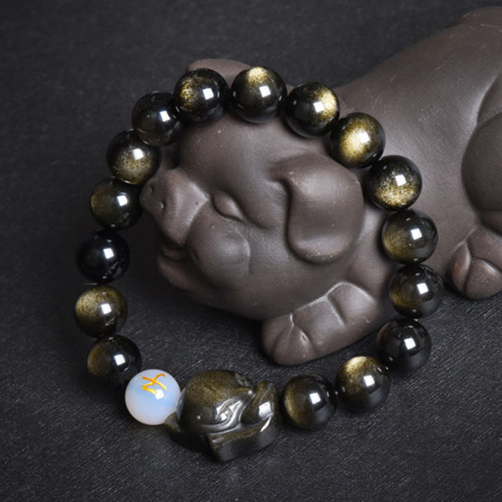 Buddha Stones Natural Rainbow Obsidian Gold Sheen Obsidian Silver Sheen Obsidian Fox Healing Bracelet