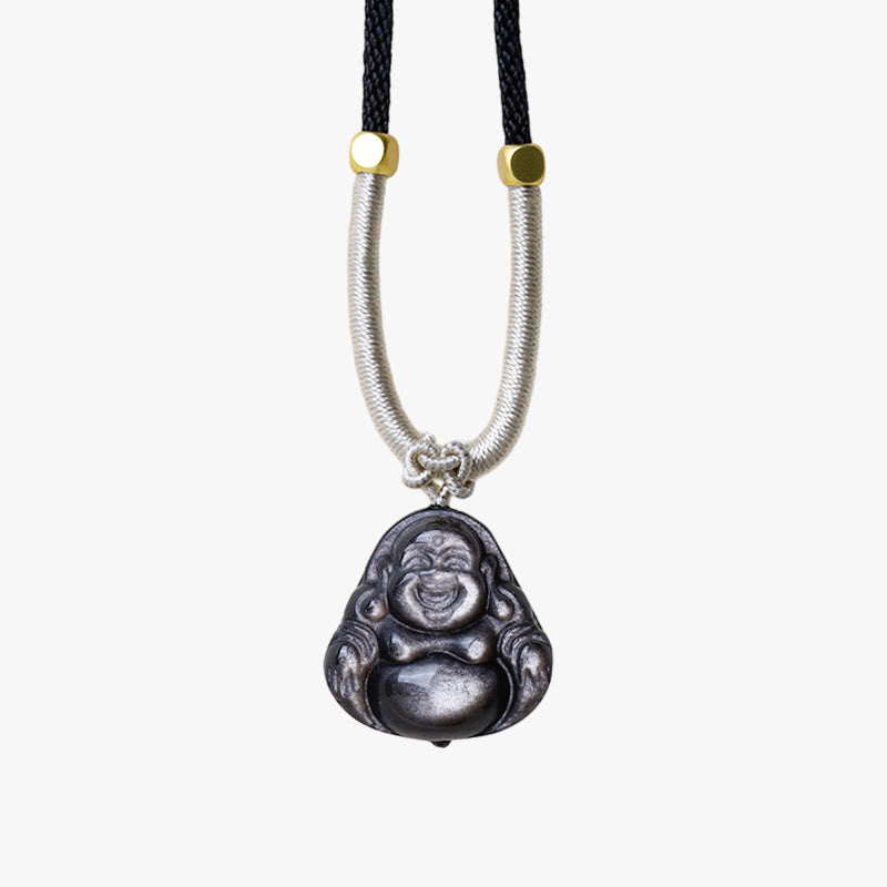 Buddha Stones Natural Silver Sheen Obsidian Laughing Buddha Protection Necklace Pendant - image 12