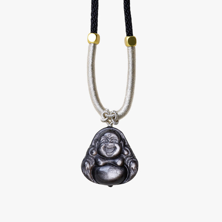 Buddha Stones Natural Silver Sheen Obsidian Laughing Buddha Protection Necklace Pendant - image 12
