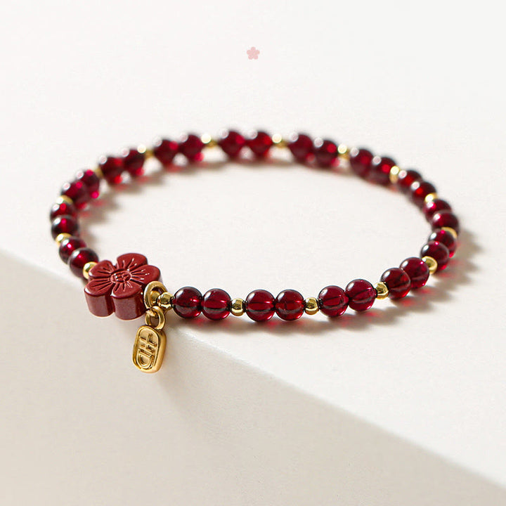 Buddha Stones 14K Gold Natural Garnet Cinnabar Flower Calm Bracelet - image 3