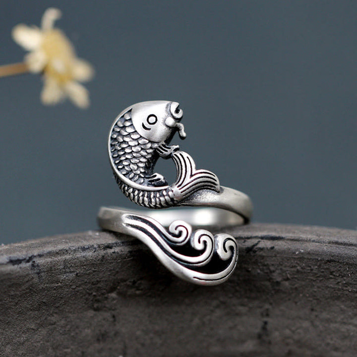 Buddha Stones 925 Sterling Silver Koi Fish Water Ripple Luck Wealth Ring - Koi Fish(Luck♥Prosperity) - image 0