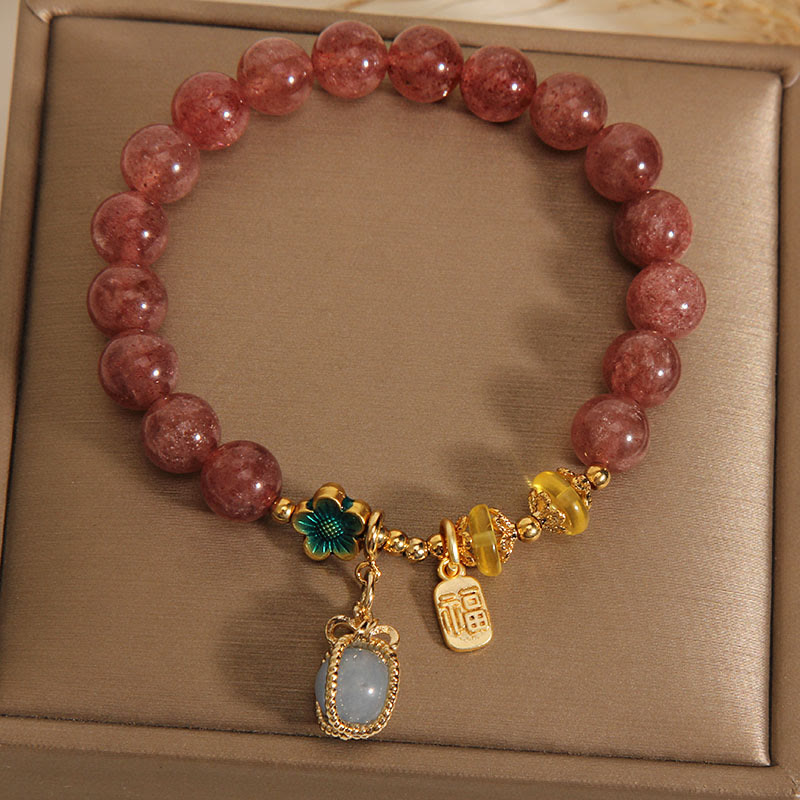 Buddha Stones Natural Strawberry Quartz Crystal Aquamarine Fortune Brand Love Bracelet