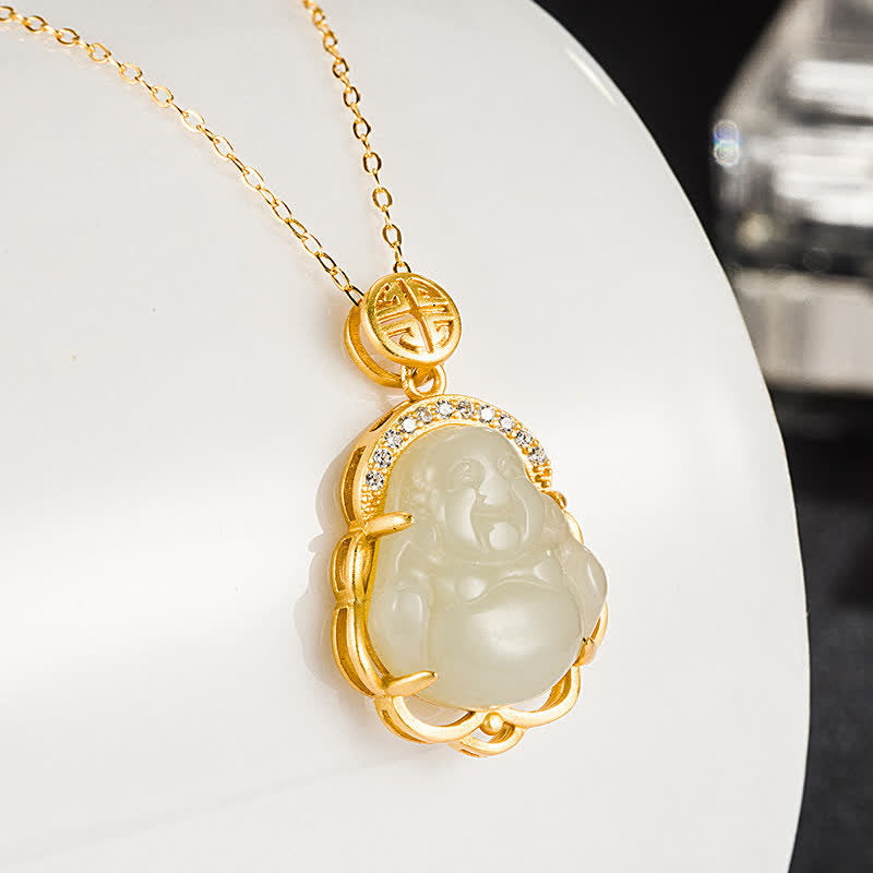 925 Sterling Silver Laughing Buddha Hetian White Jade Protection Necklace Pendant - image 1