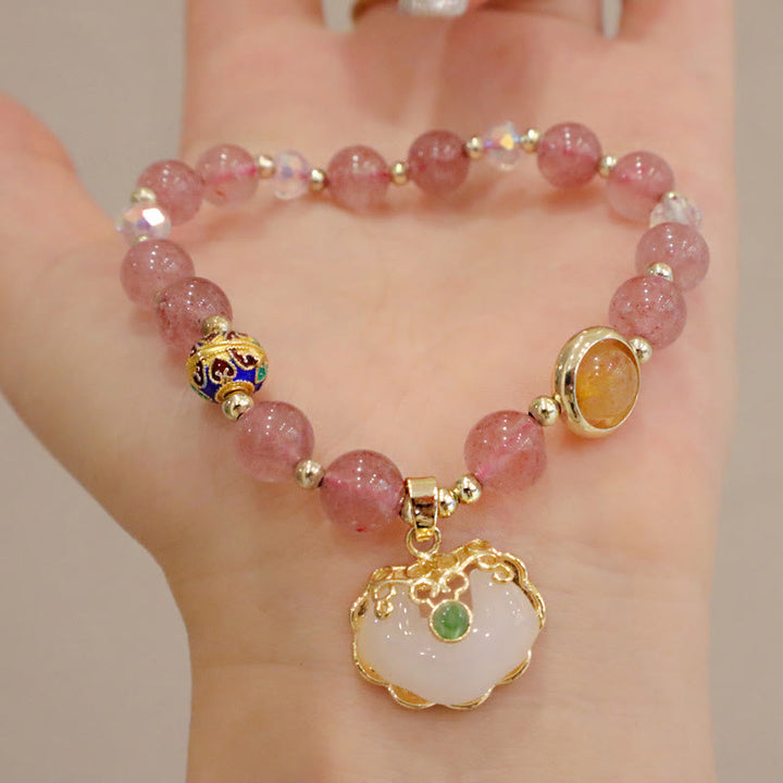 Buddha Stones Strawberry Quartz Green Crystal Amethyst Healing Chinese Lock Charm Bracelet