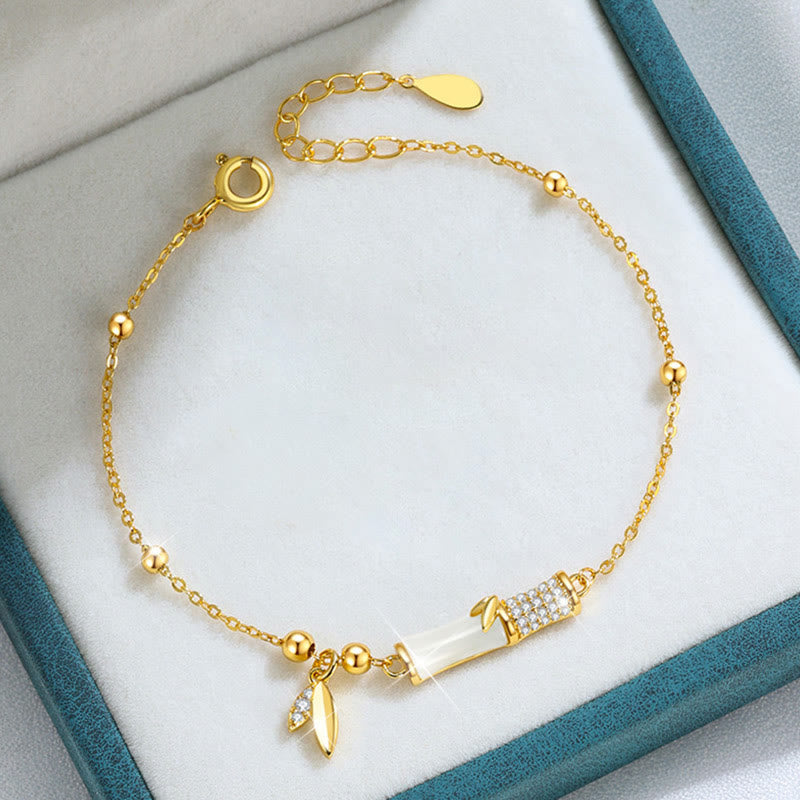 Buddha Stones 925 Sterling Silver 18K Gold Plated White Jade Bamboo Zircon Leaf Luck Bracelet - image 1