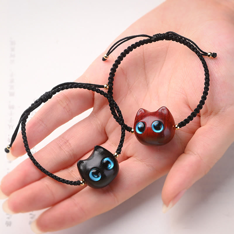 Buddha Stones Small Leaf Red Sandalwood Ebony Wood Cute Cat Head Calm Protection Braided Bracelet - image 2
