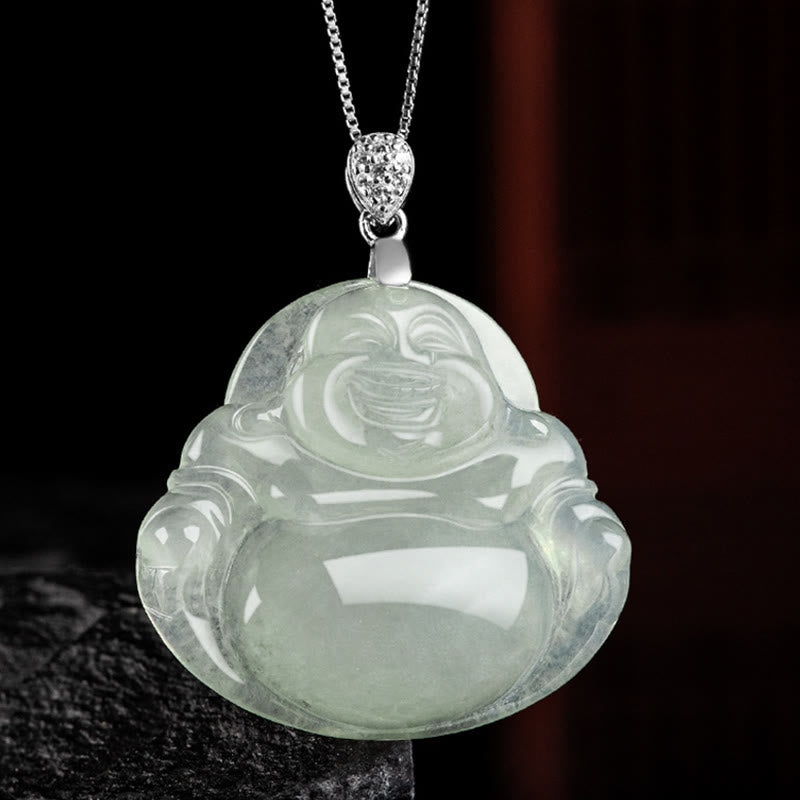 Buddha Stones Natural Jade Laughing Buddha Prosperity Abundance Titanium Steel Chain Necklace Pendant - image 5