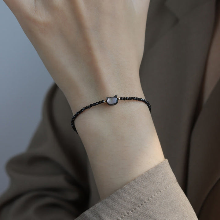 Buddha Stones 14K Gold Plated Black Spinel White Crystal Cute Cat Tridacna Stone Healing Bracelet - image 3