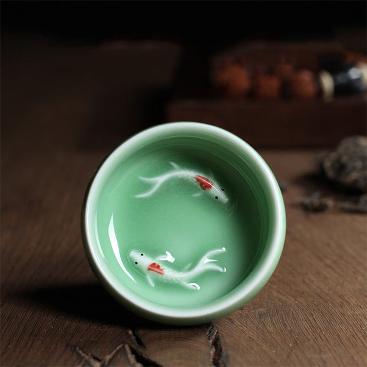 Buddha Stones Colorful Koi Fish Ceramic Teacup Kung Fu Tea Cup Bowl - Green Koi Fish 6.8cm*3.4cm*55ml - image 16