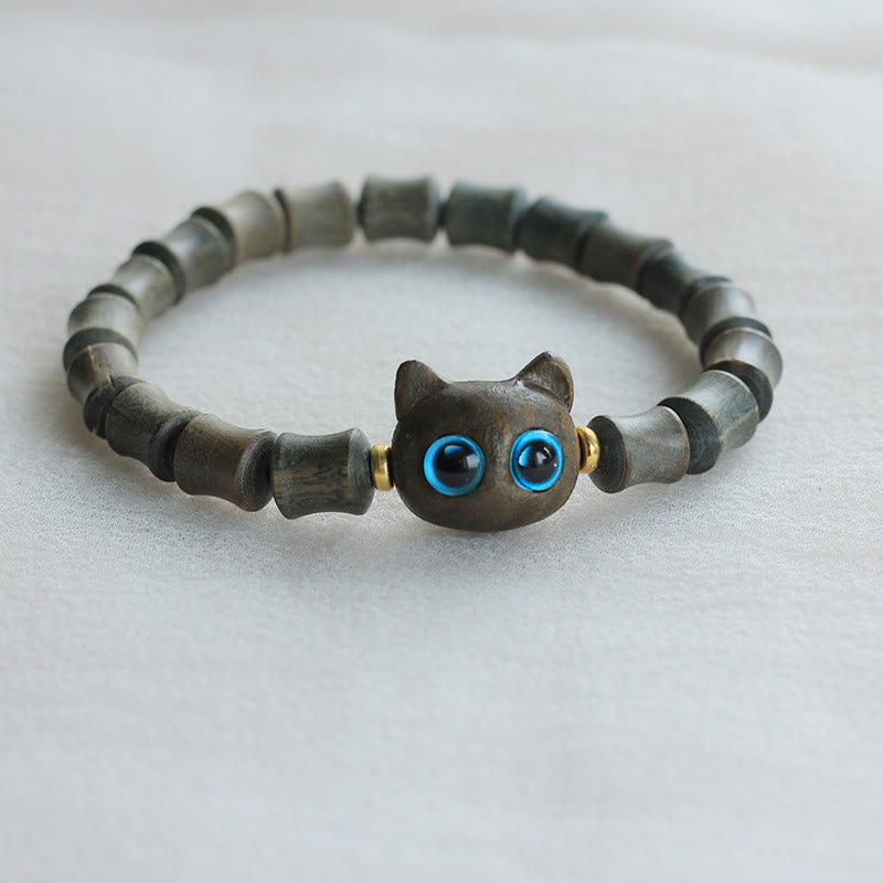 Buddha Stones Ebony Wood Green Sandalwood Cute Cat Peace Bracelet - Green Sandalwood(Cure♥Positive) - image 6