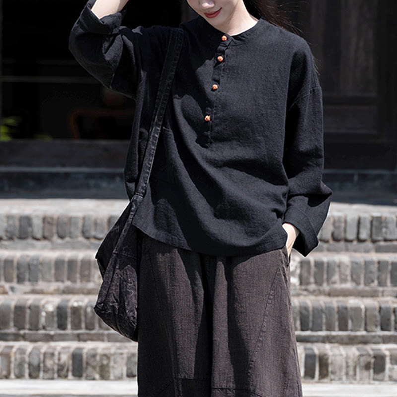 Buddha Stones Solid Color Loose Button Blouse Long Sleeve Shirt Top