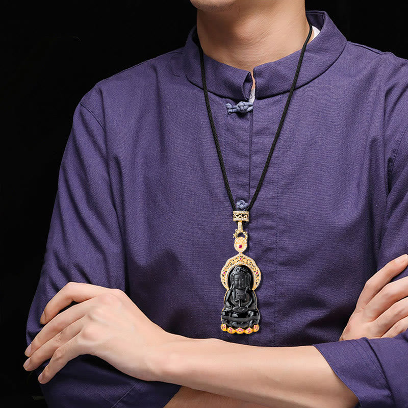 Buddha Stones Natural Black Jade Kwan Yin Avalokitesvara Wealth Titanium Steel Chain Necklace Pendant - image 8