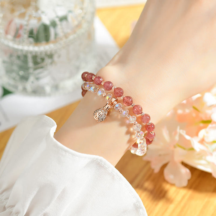 Buddha Stones Strawberry Quartz White Crystal Money Bag Charm Positive Bracelet