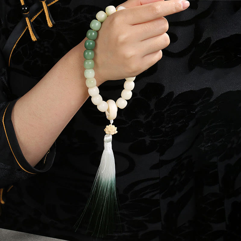 Natural Gradient Bodhi Seed Fortune Money Bag Lotus Wisdom Tassel Wrist Mala