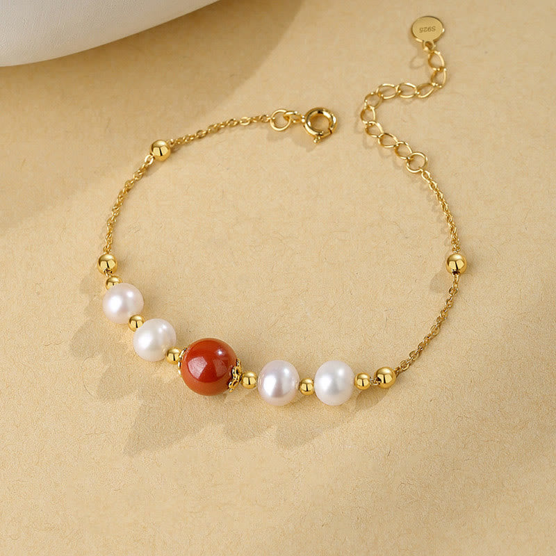Buddha Stones 925 Sterling Silver Pearl Cinnabar Healing Bead Chain Bracelet - image 1