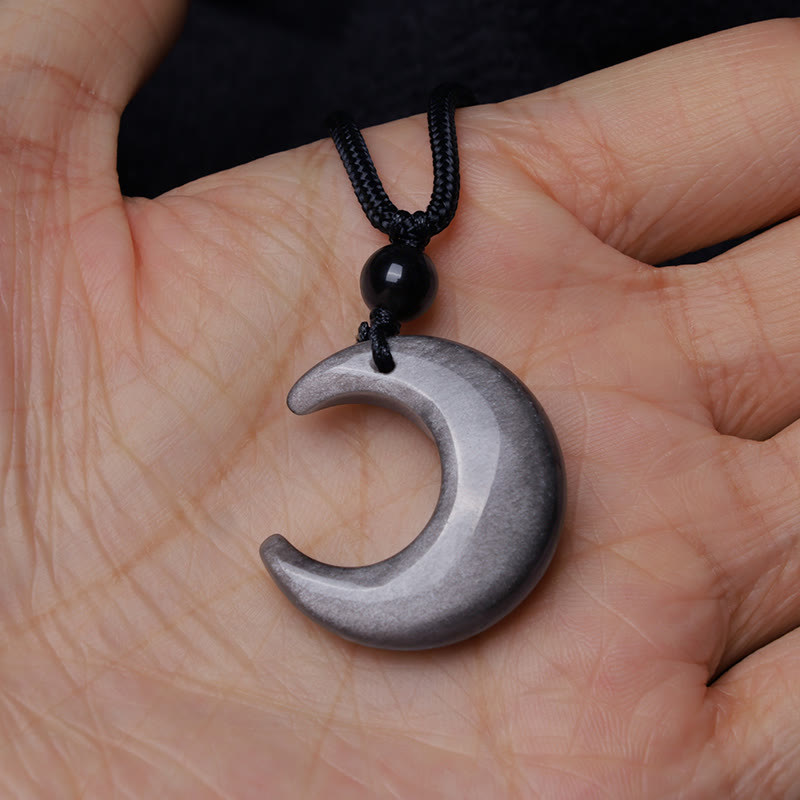 Buddha Stones Natural Silver Sheen Obsidian Selenite Crystal Crescent Moon Yin Yang Couple Protection Necklace Pendant - image 7