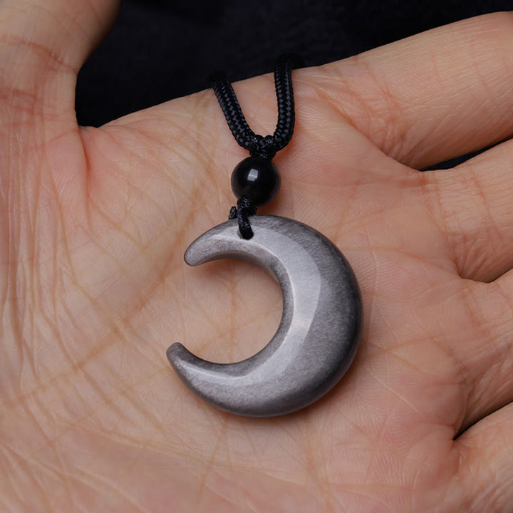 Buddha Stones Natural Silver Sheen Obsidian Selenite Crystal Crescent Moon Yin Yang Couple Protection Necklace Pendant - image 7