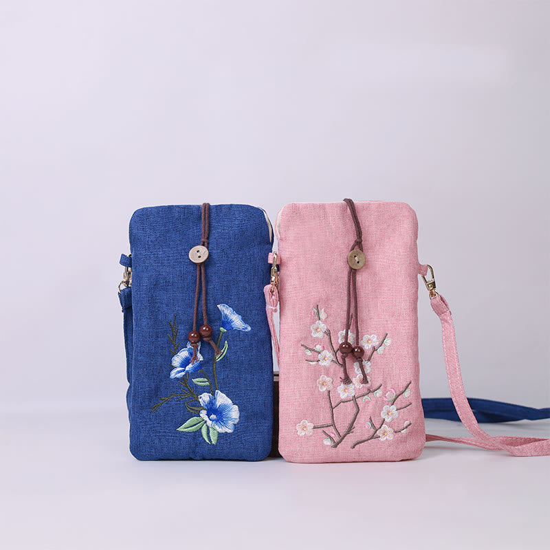 Buddha Stones Small Embroidered Flowers Crossbody Bag Shoulder Bag Cellphone Bag 11*20cm