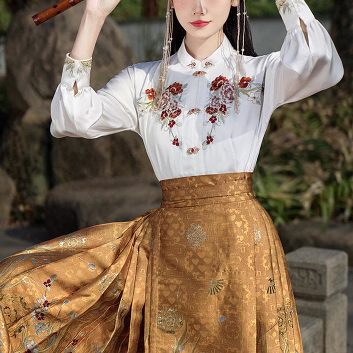 Buddha Stones Golden Flower Phoenix Embroidery Long Sleeve Shirt Top Chinese Hanfu Ming Dynasty Horse Face Skirt Mamianqun Skirt