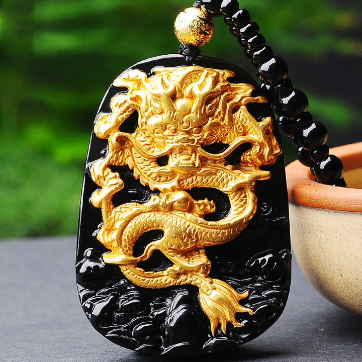 Buddha Stones 18k Gold-plated Dragon Obsidian Lucky Pendant Necklace