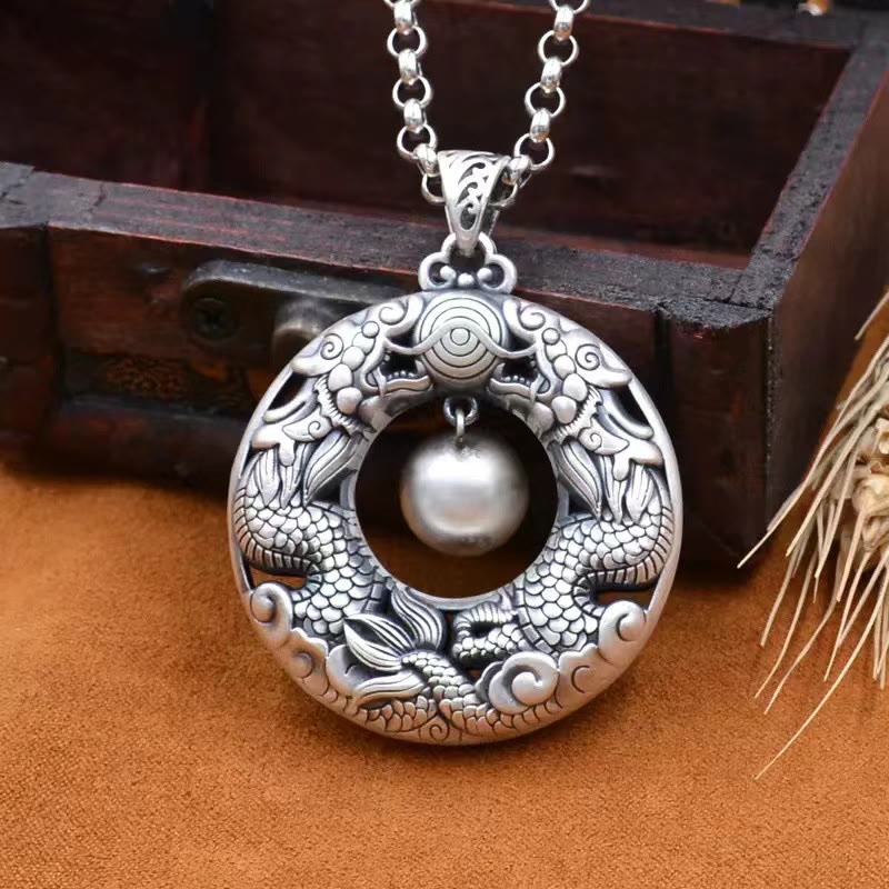 Buddha Stones Double Dragon Playing Bead Copper Protection Necklace Pendant - image 4